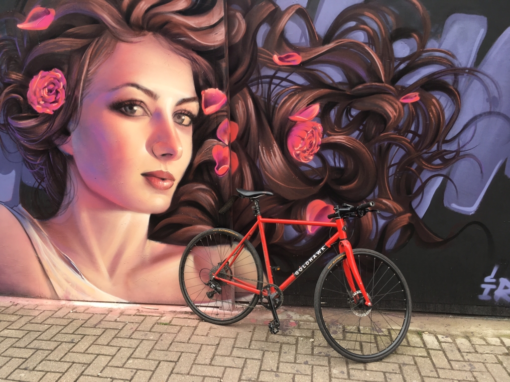 Our steel framed flat bar street bike against the original Irony mural